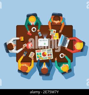 Business meeting top view manager office rectangle wooden table with projector tablet calculator and notebook flat vector illustration Stock Vector