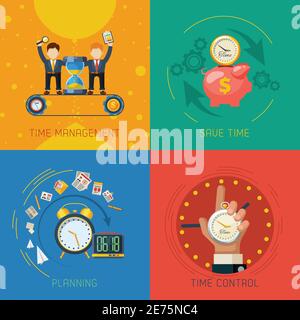Effective time management planning and control strategies 4 flat icons square composition poster abstract isolated vector illustration Stock Vector