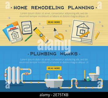 Home remodeling plumbing and sanitary installation service interactive webpage design 2 flat horizontal banners vector isolated illustration Stock Vector