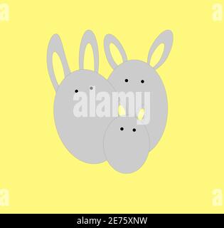 Easter eggs with rabbit ears On a yellow background gray rabbits in the shape of eggs Stock Vector