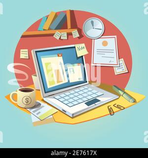 Business concept with retro cartoon style office workplace and working items vector illustration Stock Vector