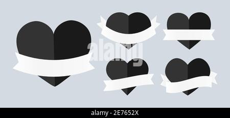 Black hearts gloss labels with white ribbons set. Different shape heart empty for sale price. Template for text banner special offer of Valentine day. Luxury decorative modern. Vector illustration Stock Vector