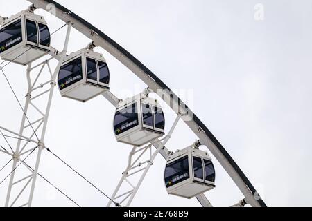 Montreal, Quebec, Canada - January 2, 2020: Passenger gondola units on La Grande Roue de Montreal, a 60-metre-tall Ferris wheel in Montreal's Old Port Stock Photo