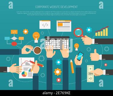 Website development process with hands holding business symbols flat vector illustration Stock Vector