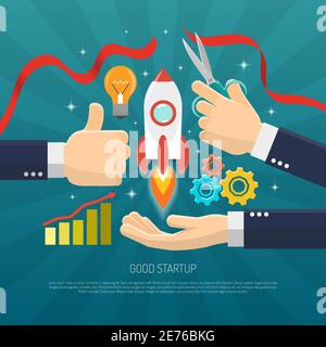 Startup concept flat with rocket and hands cutting red ribbon vector illustration Stock Vector