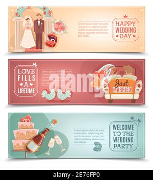 Vintage style wedding day party for just married couple flat horizontal banners set abstract isolated vector illustration Stock Vector