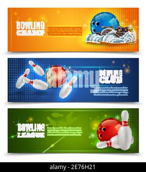 Bowling horizontal banners set with bowling champ club and leagues symbols realistic isolated vector illustration Stock Vector