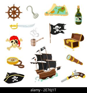 Pirate accessories flat icons collection with wooden treasure chest and black jolly roger flag abstract vector illustration Stock Vector