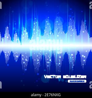 Electronic audio equipment digital equalizer sound wave track bright blue on dark background poster abstract vector illustration. Stock Vector