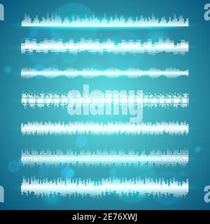 Modern electronic beat sound waves display horizontal series set against sky blue background banner abstract vector illustration Stock Vector