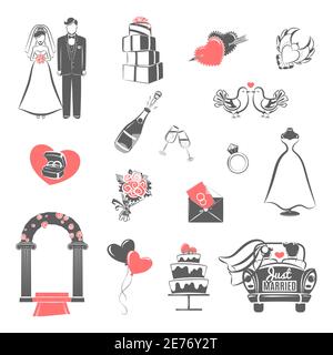 Traditional wedding two colors icons set with engaged couple and bridal party accessories abstract isolated vector illustration Stock Vector