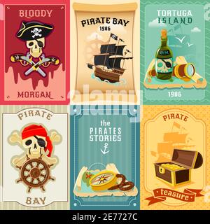 Vintage style children pirate stories 6 flat banners composition poster with treasure chest abstract isolated vector illustration Stock Vector