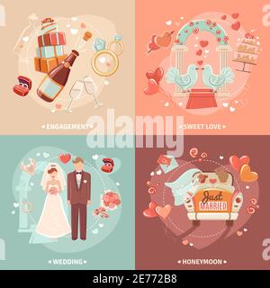 Marriage and engagement bridal party invitation 4 flat icons square  composition card template abstract isolated vector illustration Stock Vector