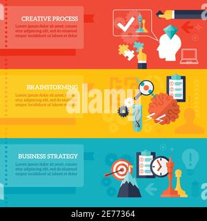 Business strategy horizontal banners set with creative process and brainstorming symbols flat isolated vector illustration Stock Vector