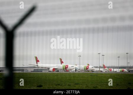 Lisbon, Portugal. 29th Jan, 2021. TAP Air Portugal airplanes are seen at Lisbon's international airport in Lisbon, Portugal, on Jan. 29, 2021. Portugal's parliament approved on Thursday the renewal of the state of emergency in the country from Jan. 31 until Feb. 14 with more restrictive measures to contain COVID-19. Among the changes proposed by the government is to limit Portuguese citizens to travel outside the country by any means, as well as the return of control of land borders. Credit: Pedro Fiuza/Xinhua/Alamy Live News Stock Photo