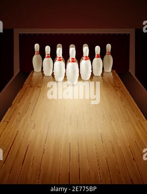 Bowling game with bowling lane ten pins and ball realistic vector illustration Stock Vector