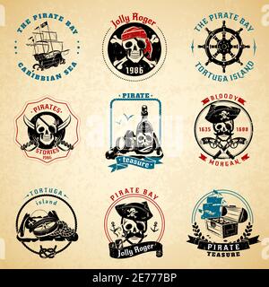 Classical vintage caribbean sea pirate stories symbols emblems old paper printed icons set abstract isolated vector illustration Stock Vector