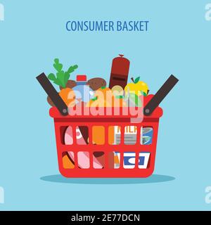 Red plastic shopping basket full of foodstuff concept flat vector illustration Stock Vector