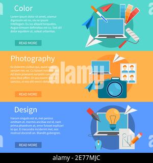 Design development flat horizontal banners with set of icons for  photography and creative design processes vector illustration Stock Vector
