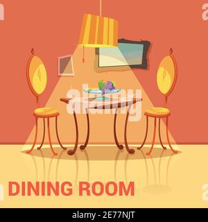 Dining room retro design with table chairs and picture cartoon vector illustration Stock Vector