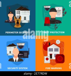 Home security 2x2 flat design concept set of theft protection fire warning and electronic alarm systems vector illustration Stock Vector