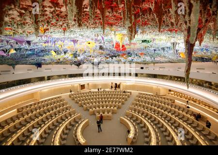 The newly renovated Room XX is pictured after the unveiling ceremony at the European headquarters of the United Nations in Geneva November 18, 2008. Spanish artist Miguel Barcelo was commissioned by the Foundation ONUART on the sixtieth anniversary of the Universal Declaration of Human Rights to undertake the painting of the ceiling, the most extensive work of art in the history of the United Nations at the venue for the Human Rights Council. Barcelo used over one hundred tones of paint with pigments from all corners of the globe on the enormous 1500 metres squared dome. The complete renovatio