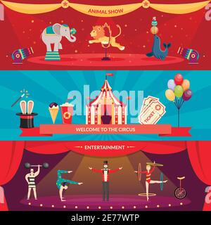 Welcome to circus entertainment flat horizontal banners set of animals show and performance with acrobats and magician vector illustration Stock Vector
