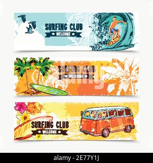 Surf horizontal banner set with sketch water sport elements isolated vector illustration Stock Vector