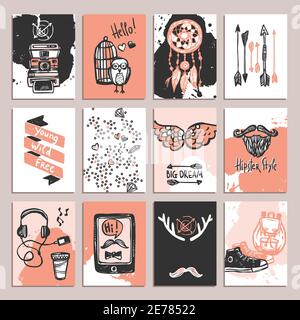 Hipster paper card set with sketch fashion accessories isolated vector illustration Stock Vector