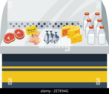 Natural food flat design concept with dairy meat and fish products on counter vector illustration Stock Vector