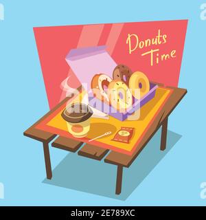 Donuts time concept with fresh bakery in paper box and drink cup retro cartoon vector illustration Stock Vector