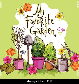 Garden sketch set with seedling equipment and plants and flowers in pots vector illustration Stock Vector