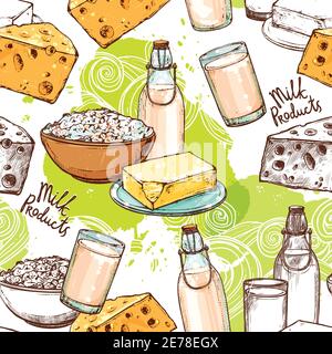 Milk seamless pattern with sketch healthy dairy products vector illustration Stock Vector