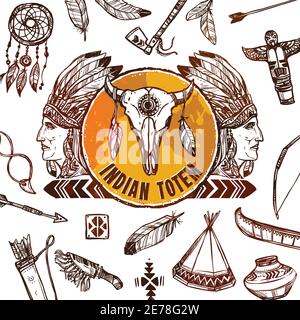 Native americans background with sketch indian chief profile vector illustration Stock Vector