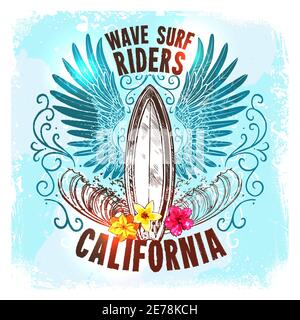 Surfing board label with sketch flowers and wave ornament vector illustration Stock Vector