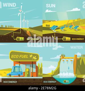 Ecological energy design concept set with retro cartoon wind sun and water power elements isolated vector illustration Stock Vector
