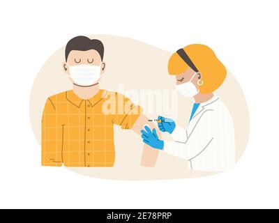 The doctor or nurse injects the vaccine. The patient is an adult male. Flu vaccination concept. Coronavirus vaccine. Vector flat illustration EPS 10. Stock Vector