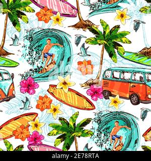 Surf seamless pattern with sketch surfer and tropical beach elements vector illustration Stock Vector