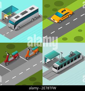 Public transport design concept set with isometric vehicles on stops isolated vector illustration Stock Vector