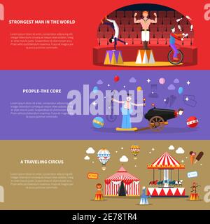 Circus horizontal banners set with strongest man in the world and traveling circus symbols flat isolated vector illustration Stock Vector