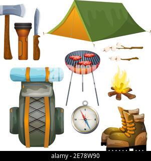Summer vacation outdoor camping gear and accessories pictograms collection with backpack and campfire fuel abstract vector illustration Stock Vector