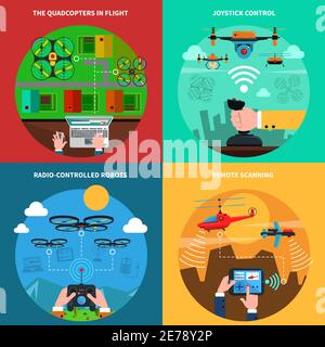 Quadcopters and drones surveillance and delivery devices 4 flat icons square composition banner abstract isolated vector illustration Stock Vector