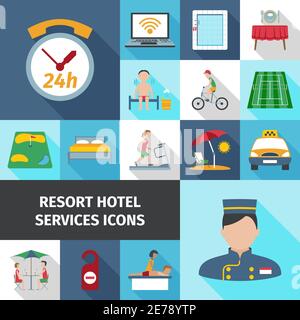 Hotel and resort services staff restaurant sport cleaning symbol flat color icon set isolated vector illustration Stock Vector