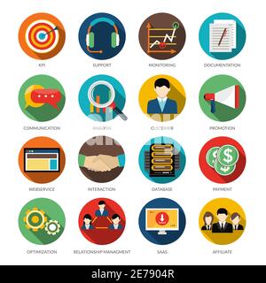 CRM round icons set with monitoring support customer communication and database vector illustration Stock Vector
