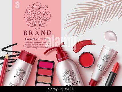 Cosmetic mock up products vector template design. Make up cosmetics product with elements like face cream, eye shadow palette and lipstick for beauty. Stock Vector