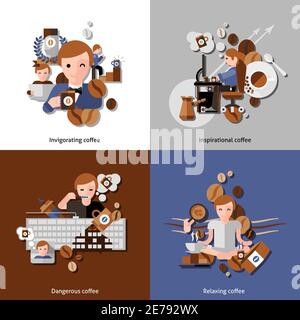 Coffee and relax in the morning icons set with inspiration and invigoration flat isolated vector illustration Stock Vector