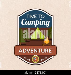 Summer camping emblem with tent fireplace and compass vector illustration Stock Vector