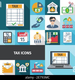 Tax charge fees and payment date flat color long shadows icon set isolated vector illustration Stock Vector