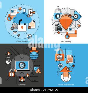 Data security and storage line icons set with cloud antivirus and transfer flat isolated  vector illustration Stock Vector