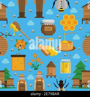 Honey seamless pattern with apiary dishes with honey and bees on blue background flat isolated vector illustration Stock Vector